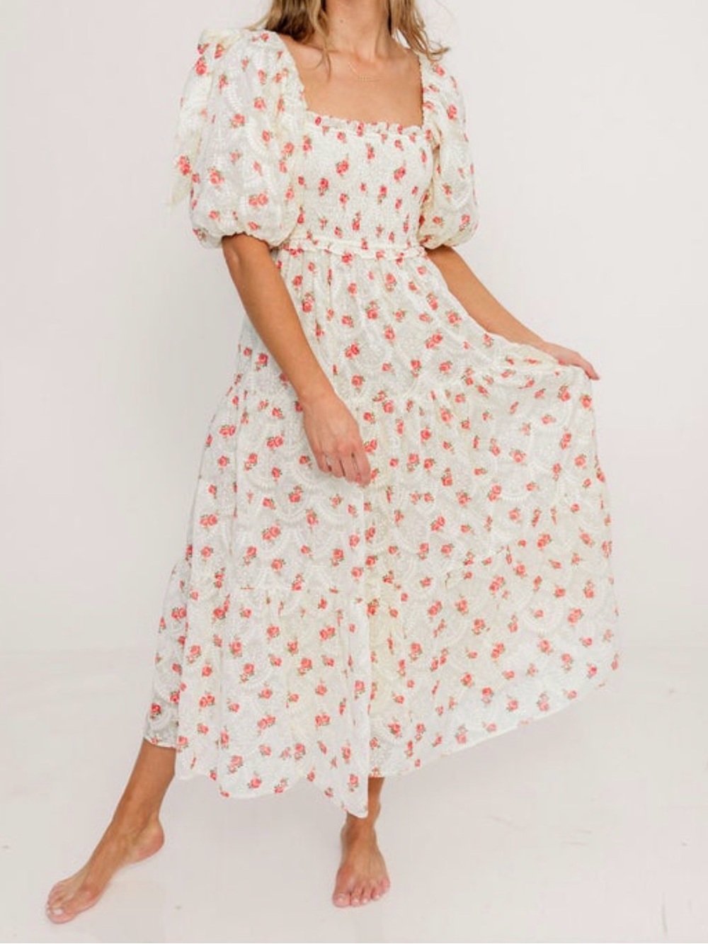 Worth collective Ivory Midi Dress with rose floral print and puff sleeves